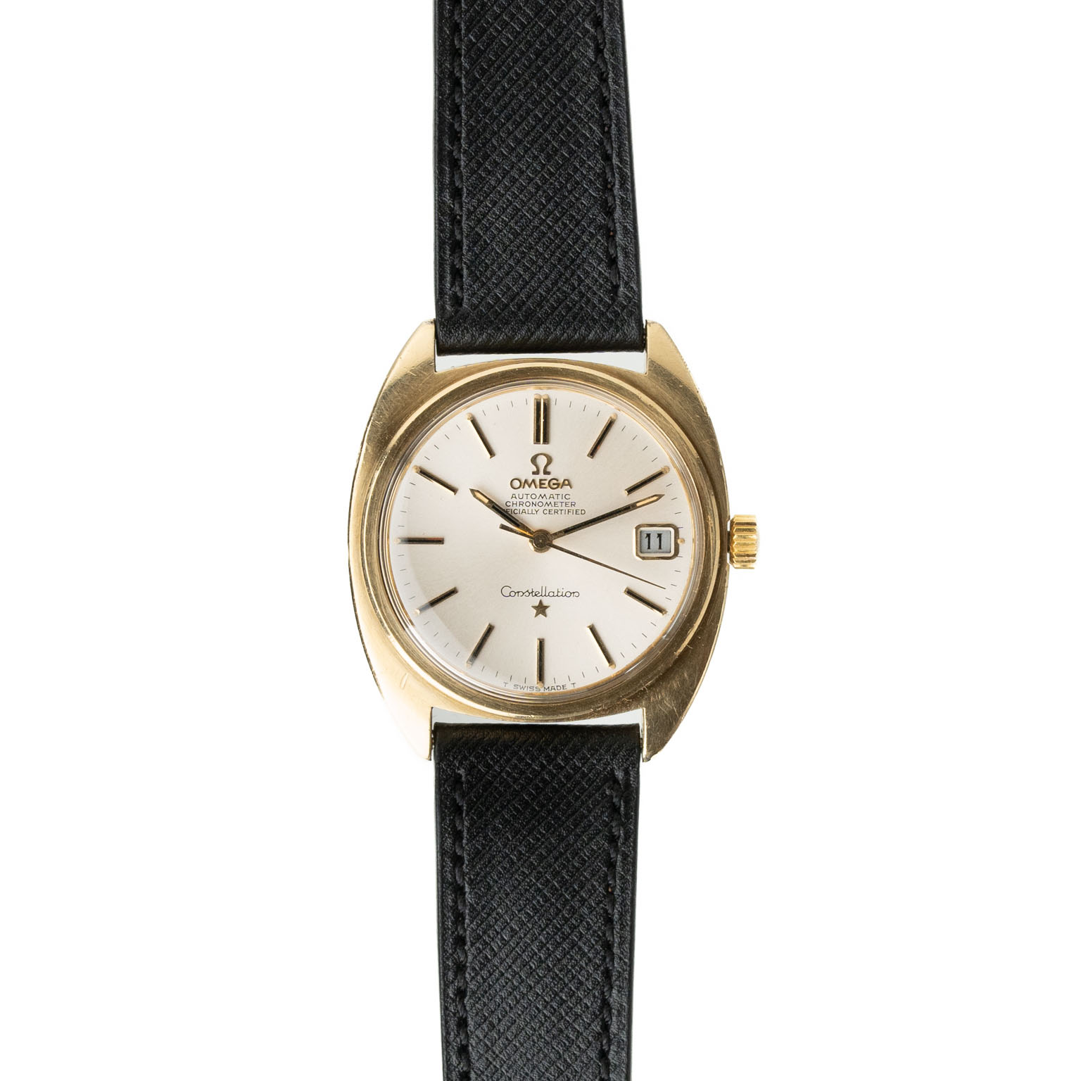 Vintage Omega Constellation C-shape gold capped with white dial 168.017 from 1960s front