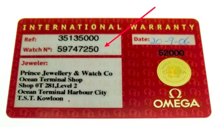 Omega serial numbers card