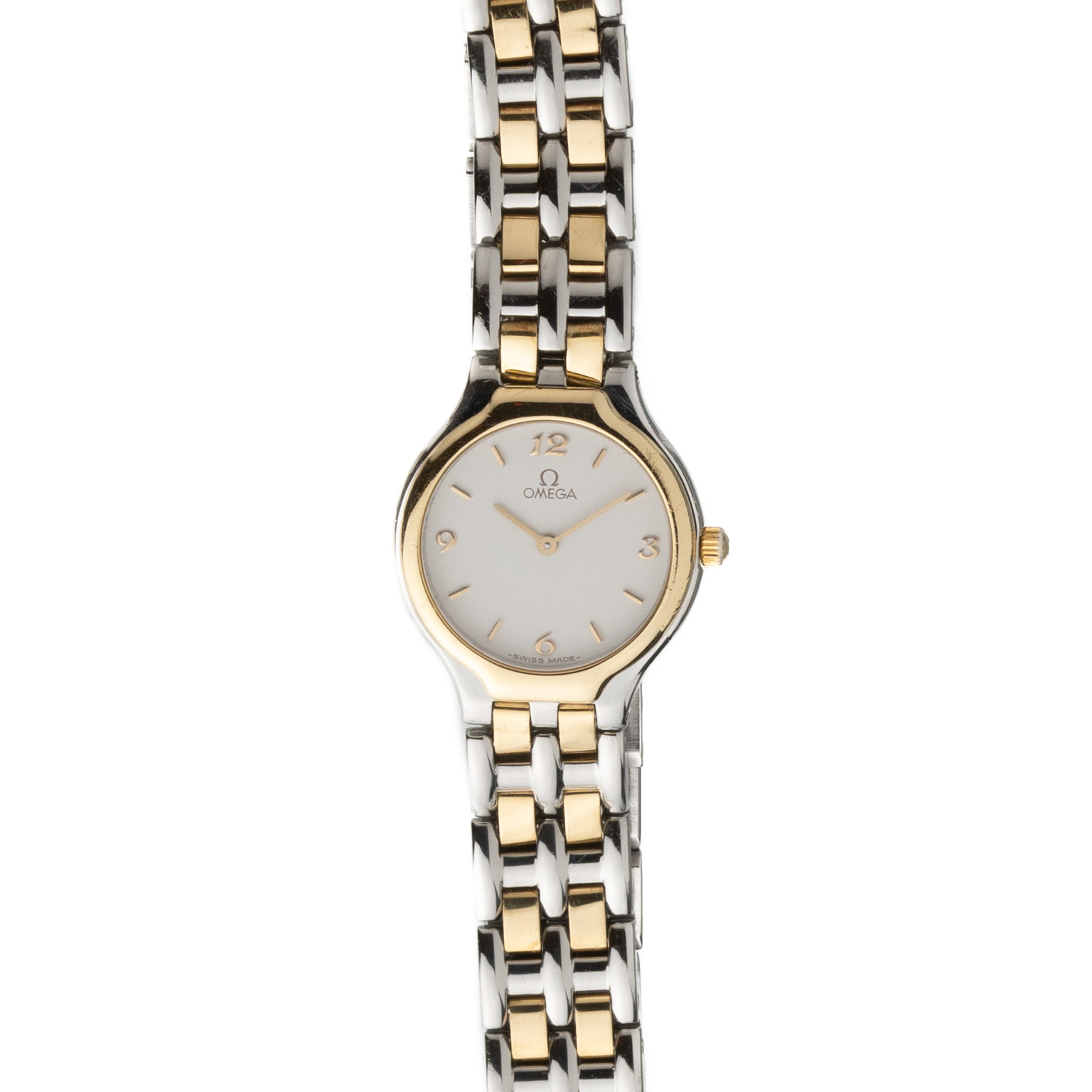 Vintage Omega De Ville tweekleurig dresswatch dames met Arabische cijfers ref 595.0101 van jaren '80 horloge voorzijde