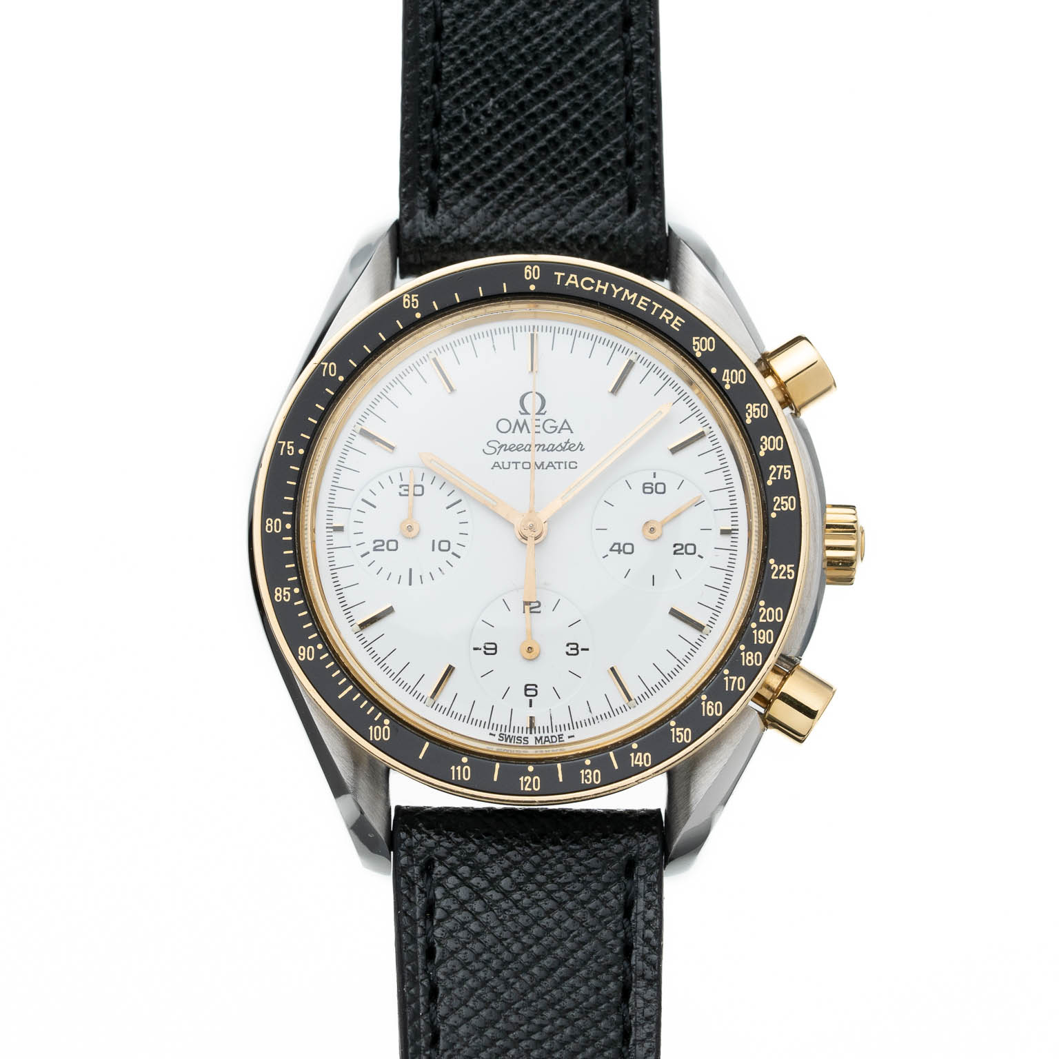 Vintage Omega Speedmaster Reduced two-tone white dial 175.0032 from 1990s watch front