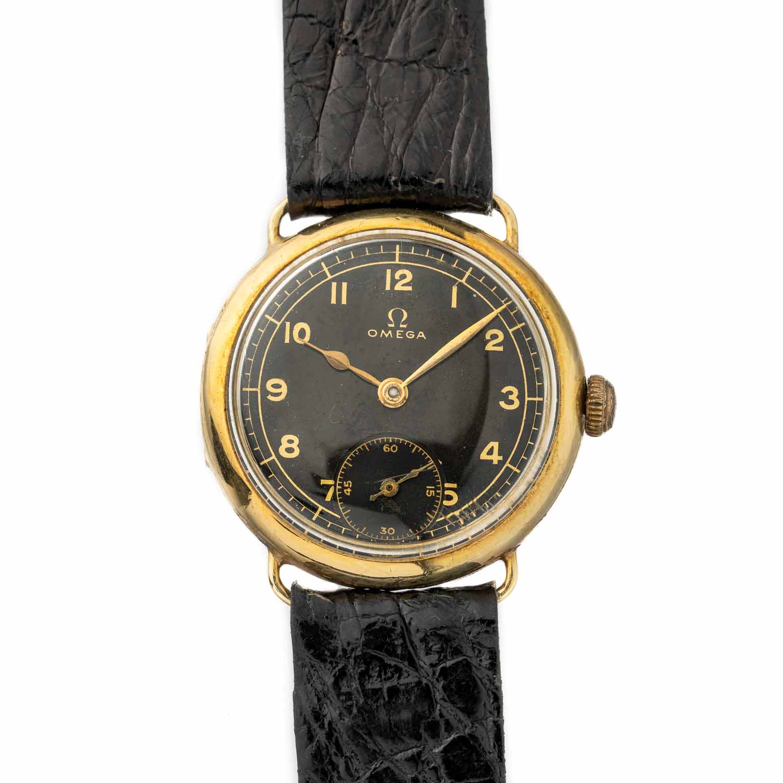 Vintage Omega sub seconds watch with black gilt dial 9791060 from 1930s watch front