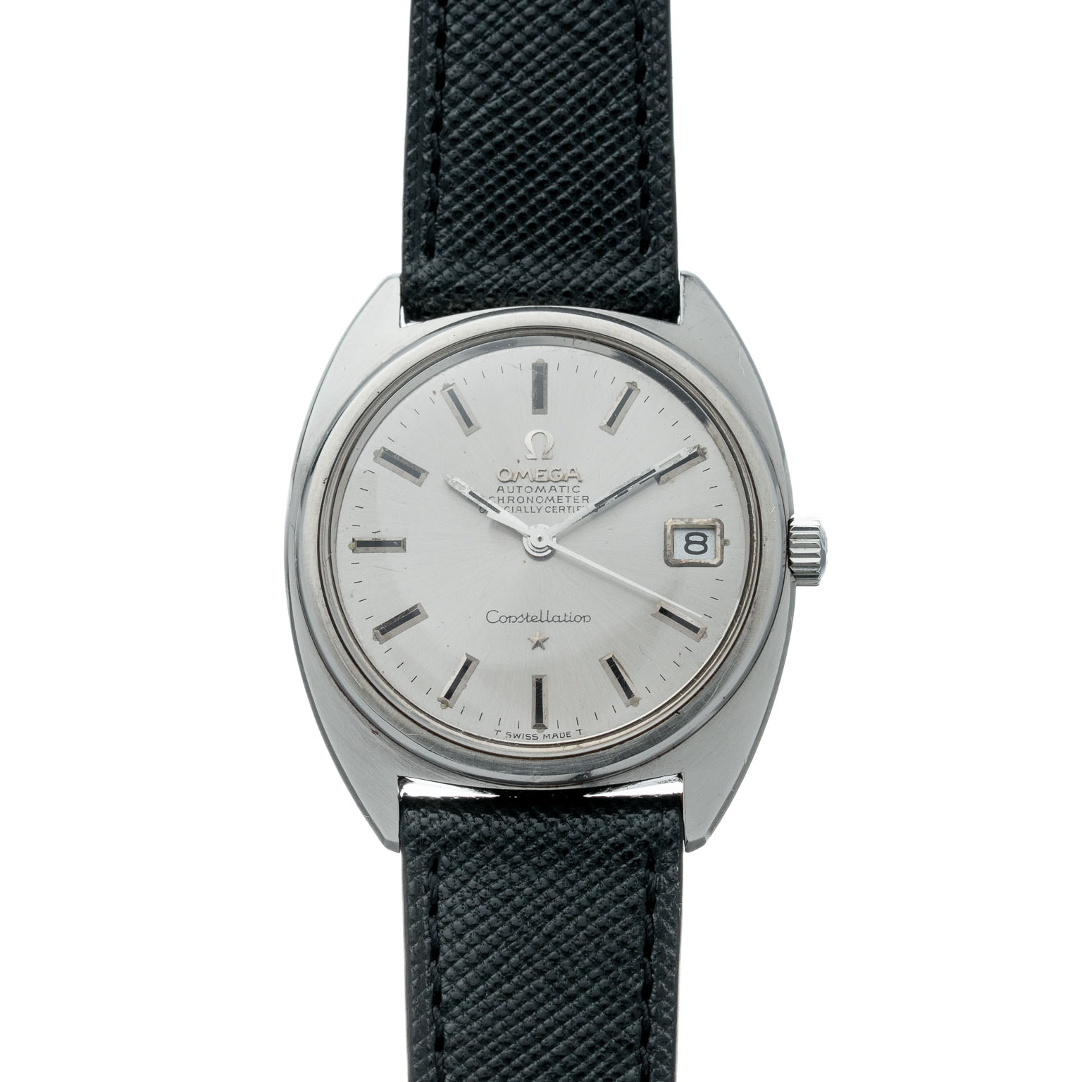 Vintage Omega Constellation C-shape date with a grey dial 168.017 from 1969 watch front