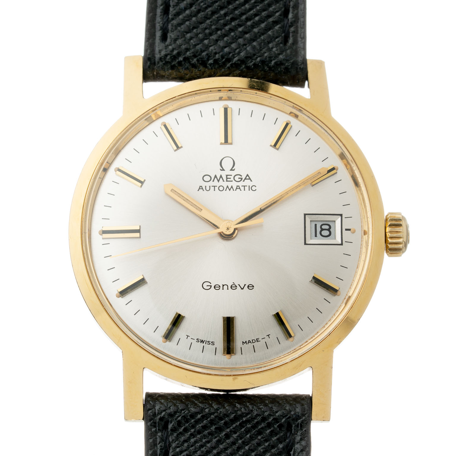 Vintage Omega Genève with White dial in gold with nice patina 166.070 from 1970s watch front