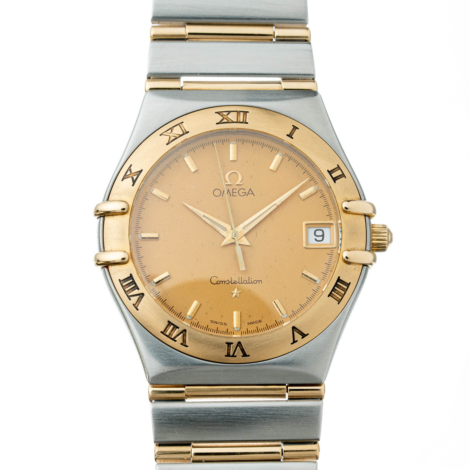 vintage omega constellation 1212.10.10 watch steel gold quartz front picture
