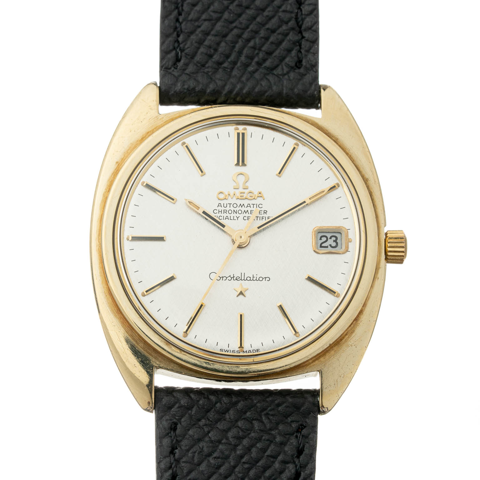 Vintage Omega Constellation C-shape date gold capped with a white linen dial 168.017 from 1969 watch front