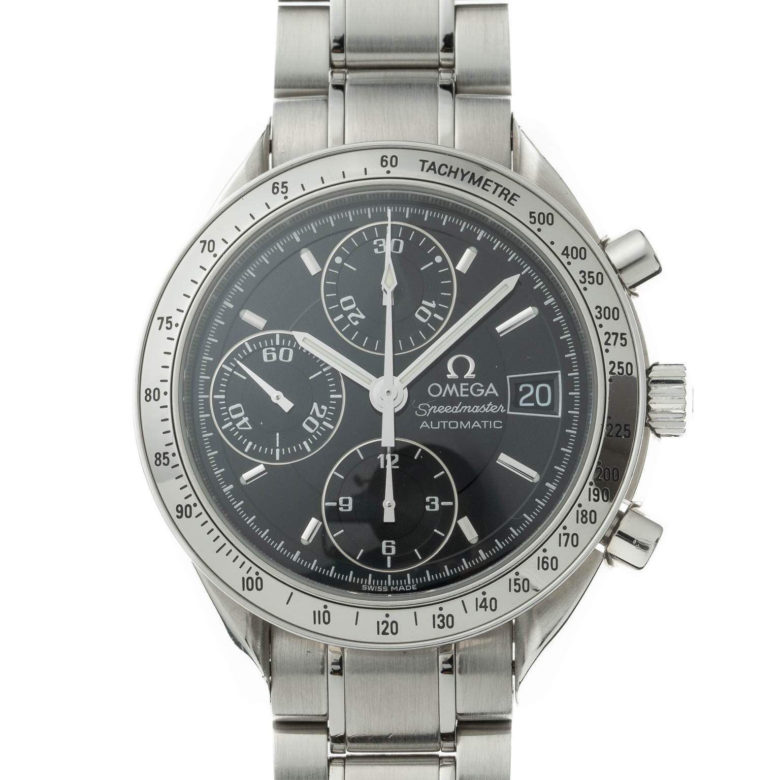 20240215_vintage_masters_drop_feb_webres (9 van 10) Vintage Omega Speedmaster Reduced Date black dial 3513.50 from 1998 watch front