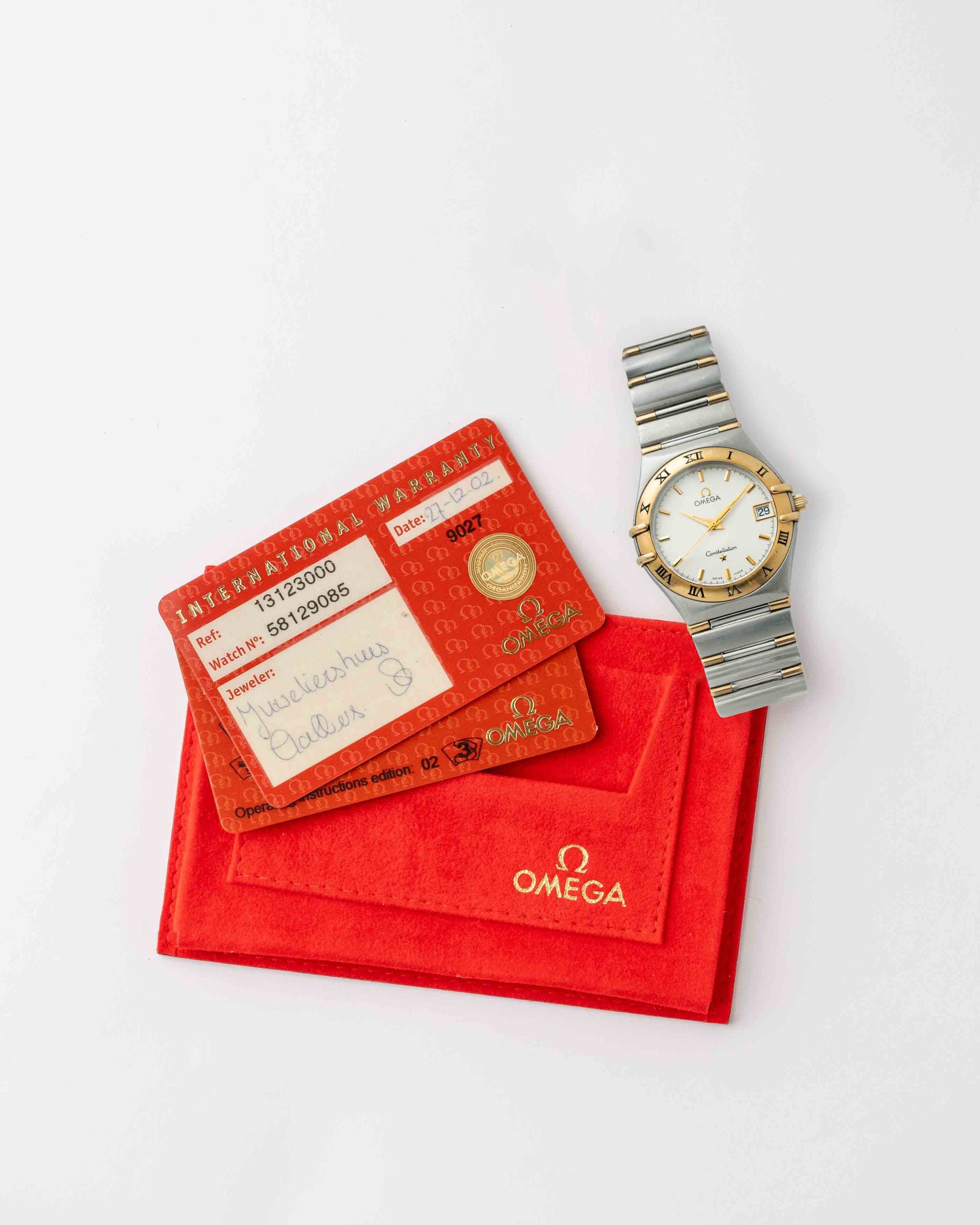 Vintage Omega Constellation Manhattan quartz for Ladies with honeycomb dial 13123000 from 2002 watch dial papers