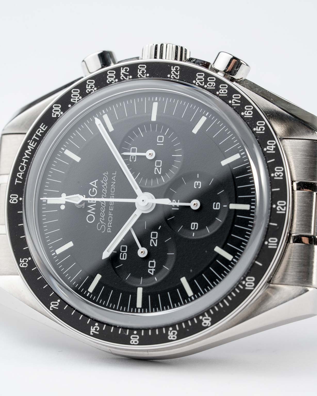 Modern Omega Speedmaster Professional 310.30.42.50.01.002 with box and card from 2023 dial closeup