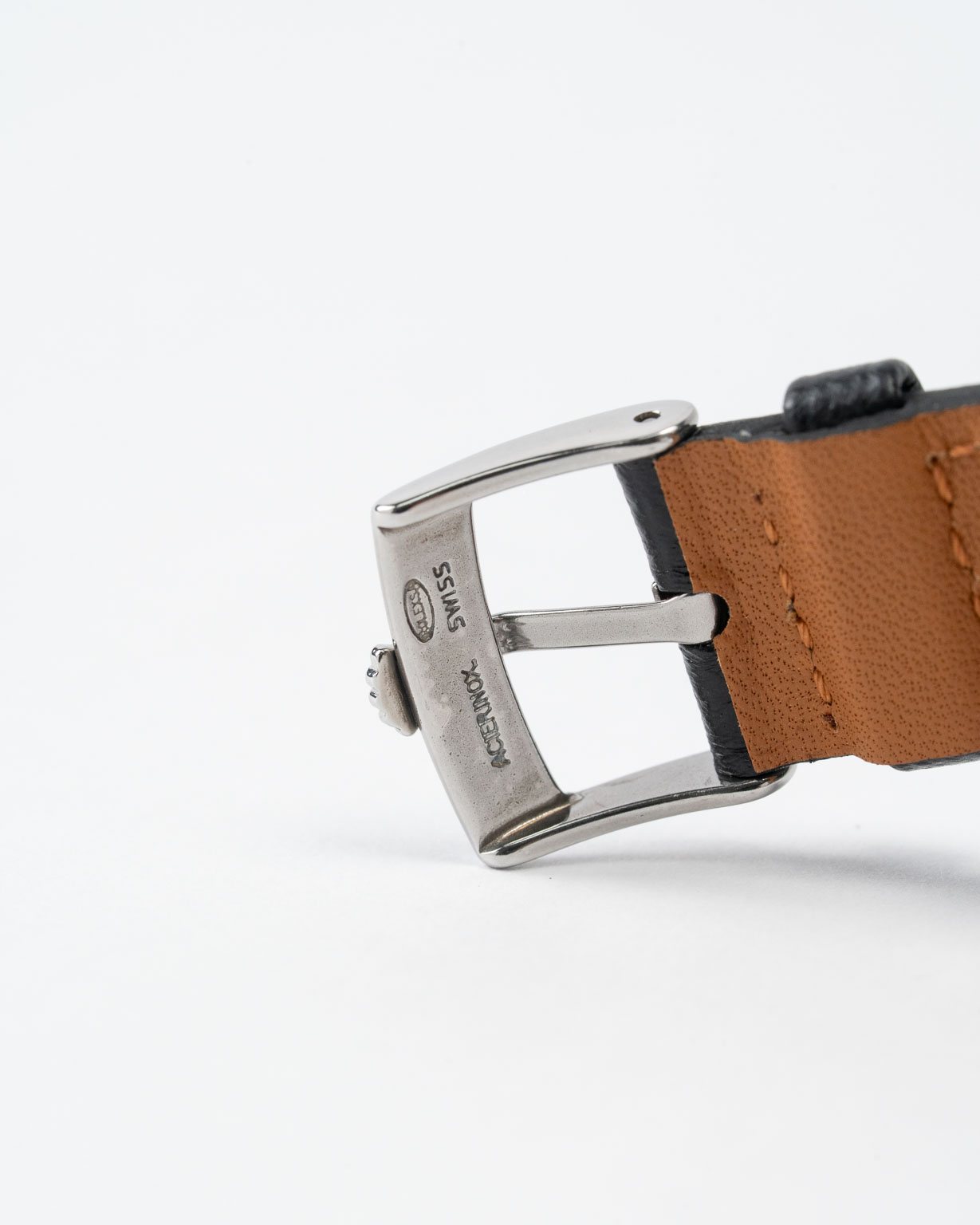 Vintage Rolex Oysterdate Precision 6694 stainless steel Black Gilt (tropical) dial on leather strap from 1953 inside buckle