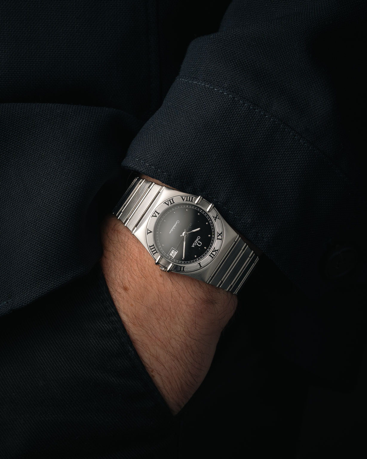 Vintage Omega Constellation Steel quartz with Black dial reference 396.1080 from 1991 wristshot