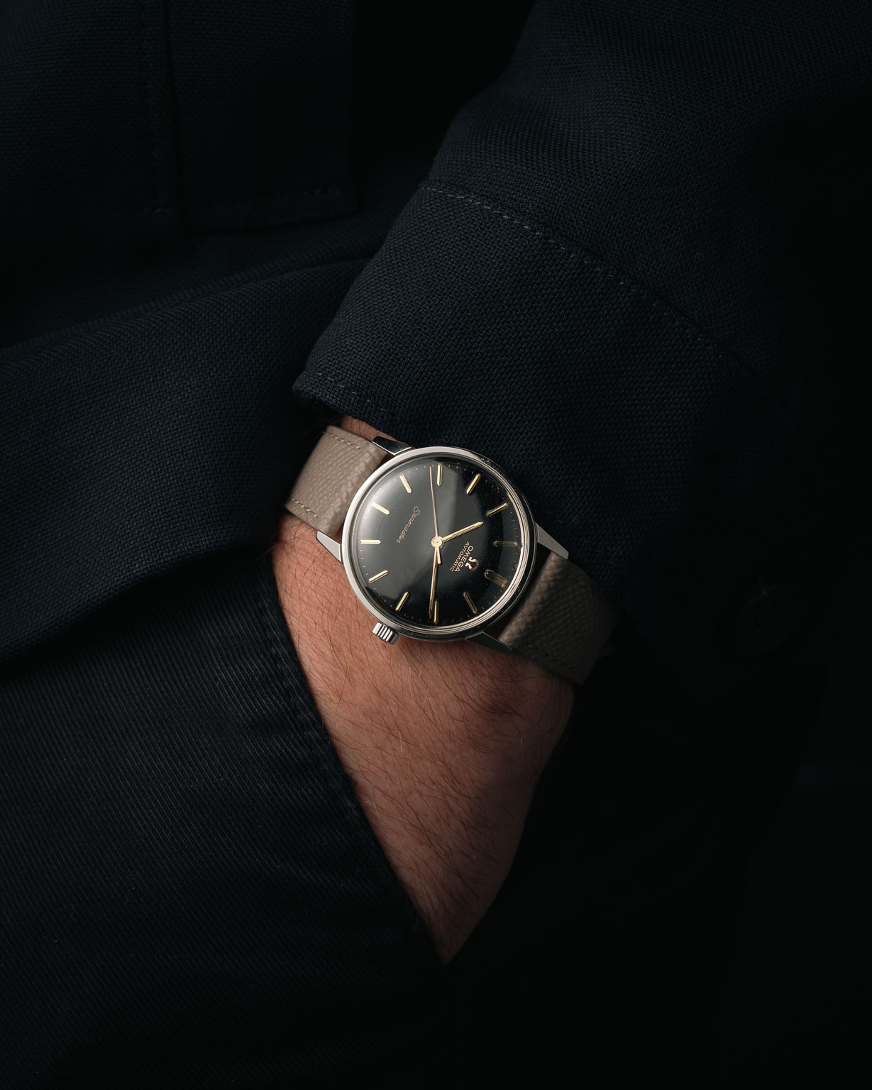 Vintage Omega Seamaster with Black gilt dial reference 165.002 1966 wristshot