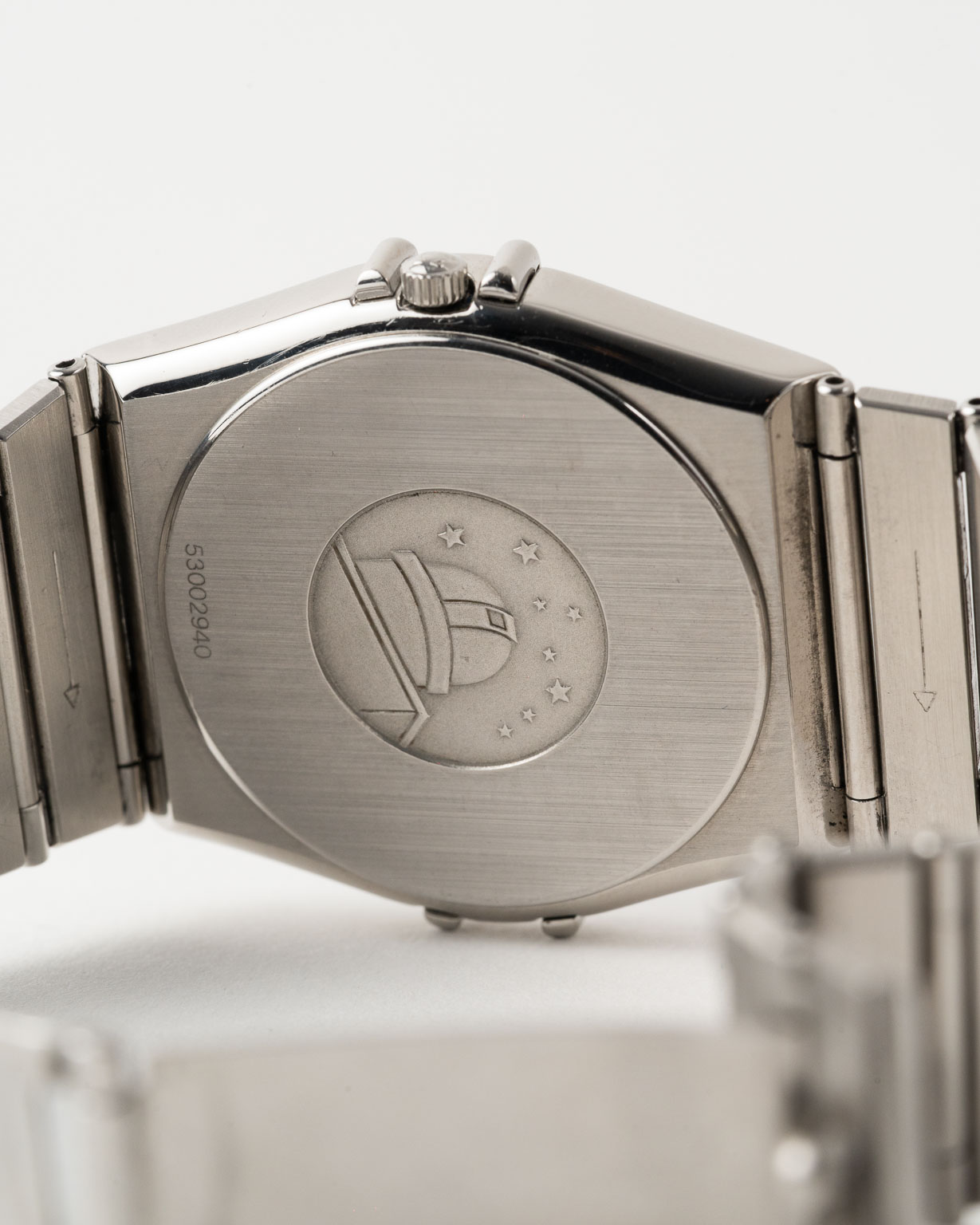 Vintage Omega Constellation Steel quartz with Black dial reference 396.1080 from 1991 caseback