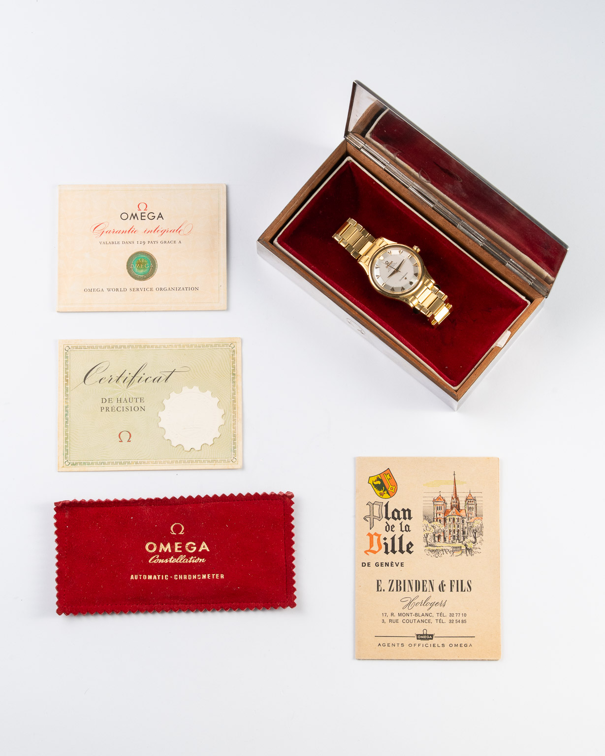 Omega Constellation 2852 18K gold, on gold flatlink, full set from 1959, documents