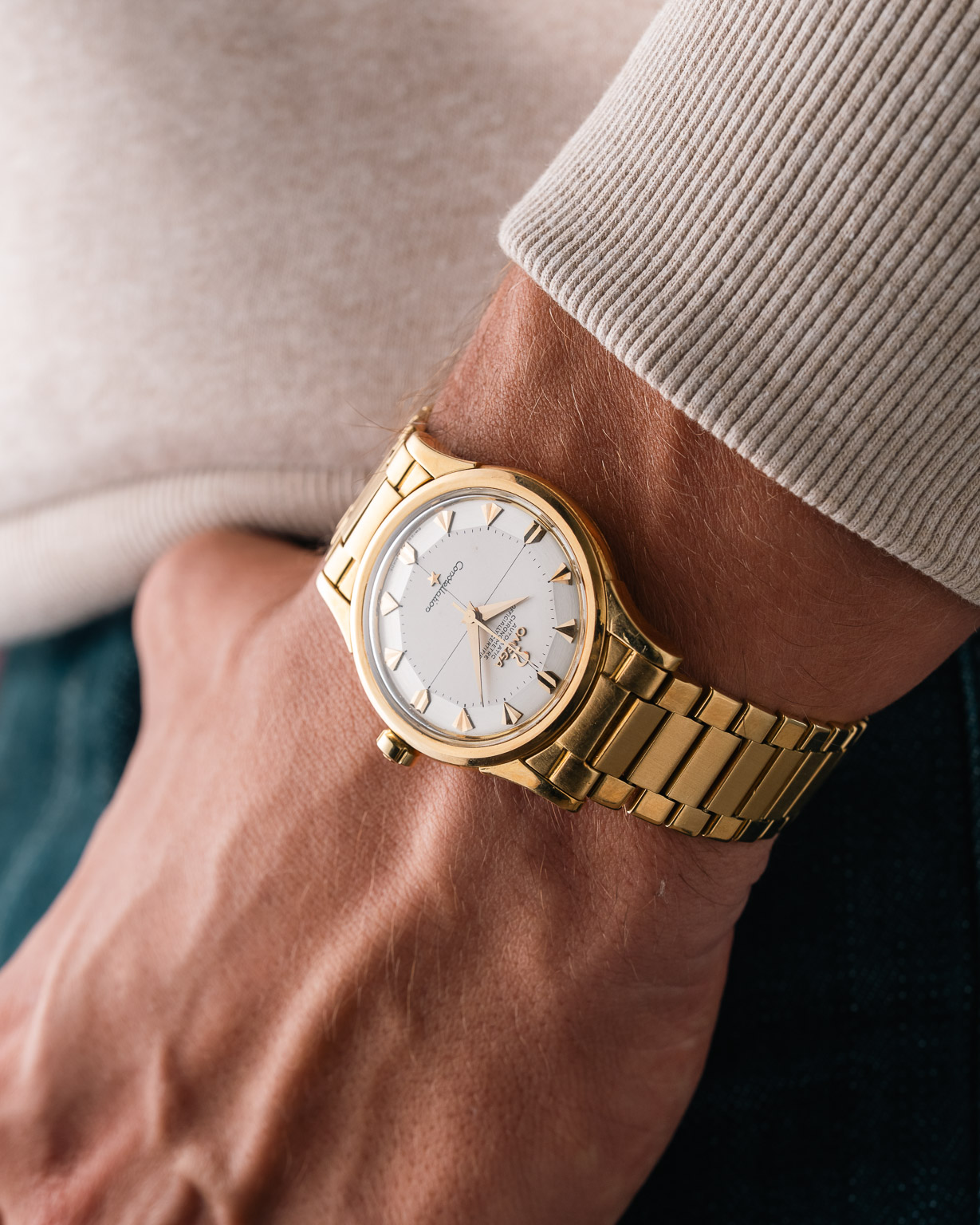 Omega Constellation 2852 18K gold, on gold flatlink, full set from 1959 wrist shot